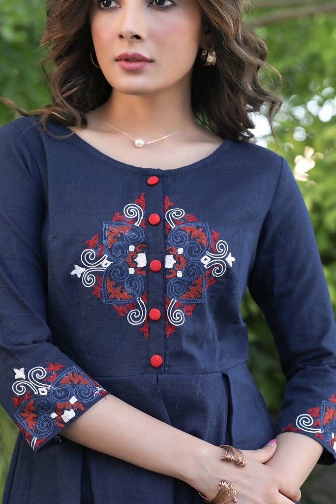 Classy Cotton Navy Blue Dress with Embroidered Yoke and Sleeves