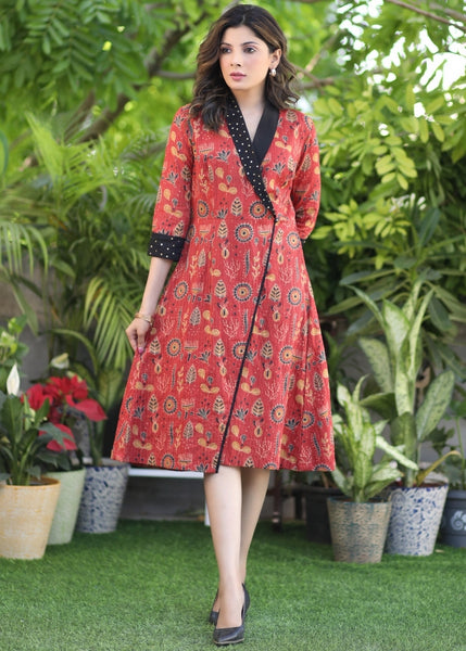 Classy Red Kantha Wrap-Around Dress
