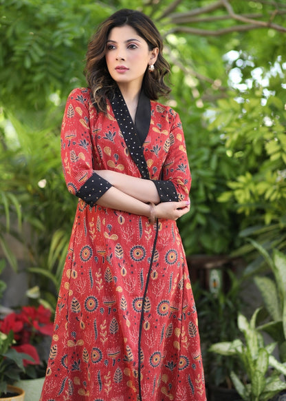 Classy Red Kantha Wrap-Around Dress
