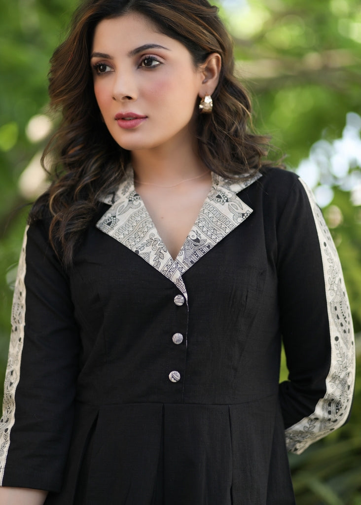 Exclusive Black Cotton Box Pleat Dress with Madhubani Printed Collar and Hem