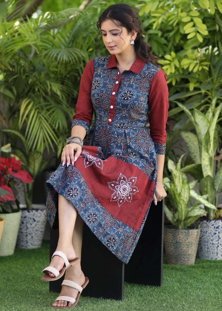 Exclusive Maroon Cotton and Ajrakh Hand Painted Dress