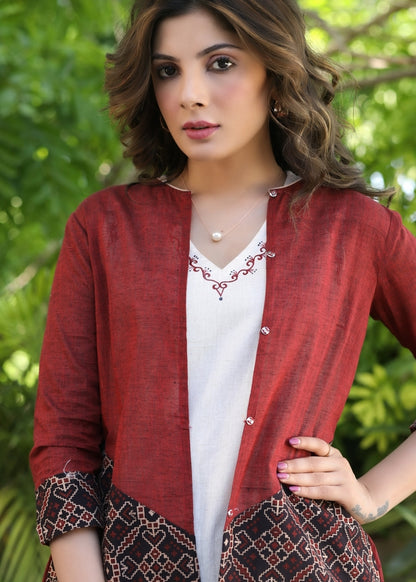 Off white sleeveless cotton dress with hand-painting on the neckline - Ajrakh jacket optional