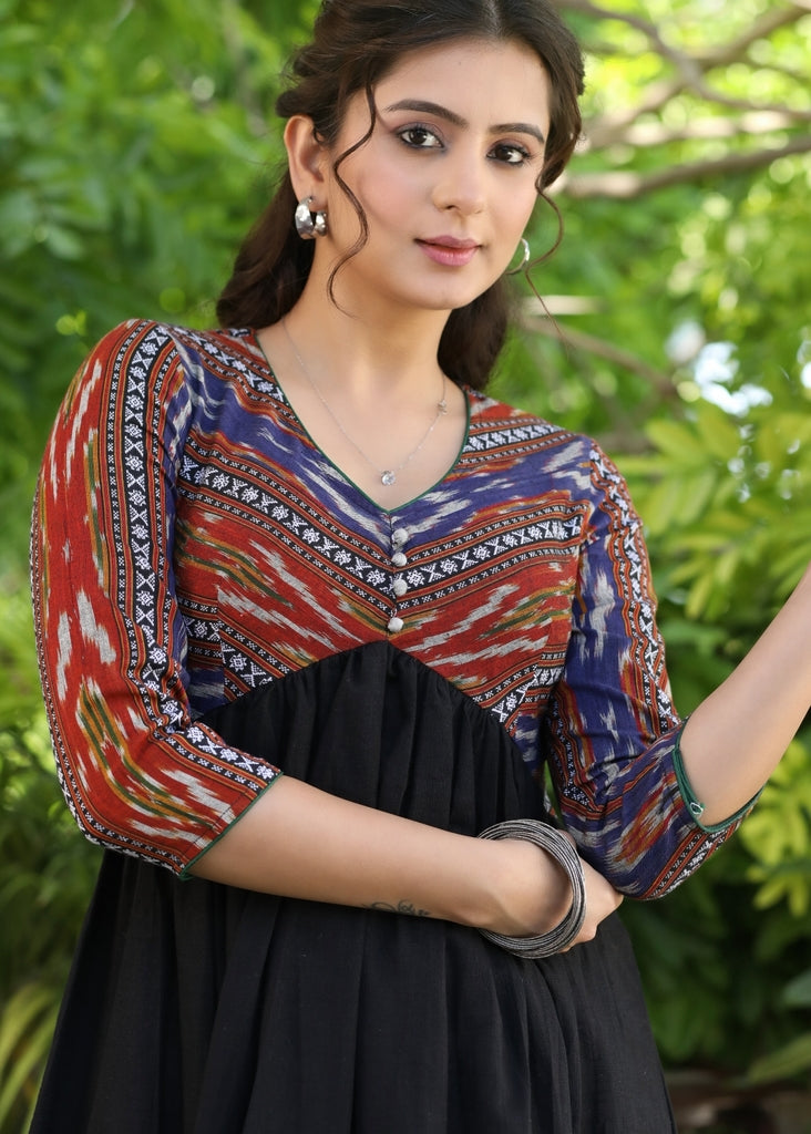 Exclusive Black Cotton and Multicolor Ikat Fit and Flare Dress