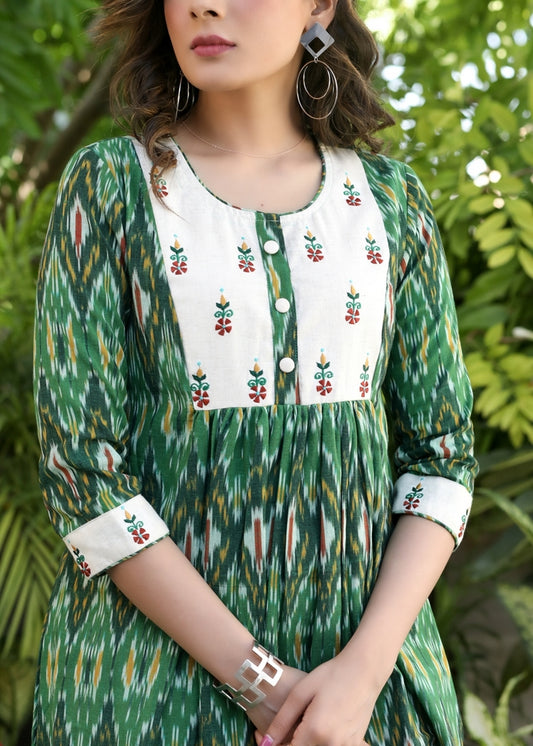 Classy Green Ikat A-Line Dress with Ethnic Embroidered Motifs on Yoke