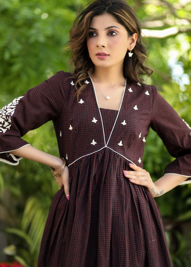 Exclusive Cotton Maroon Checked Gathered Dress with Embroidered Motifs on Yoke and Sleeves