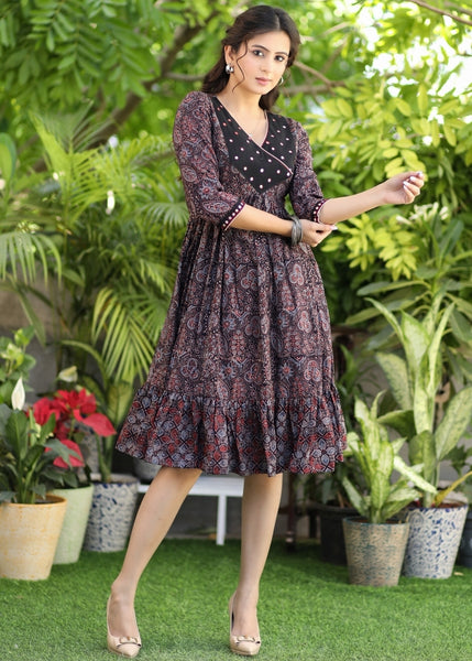 Stylish Black Ajrakh Midi Dress with Mirrored Details on Yoke