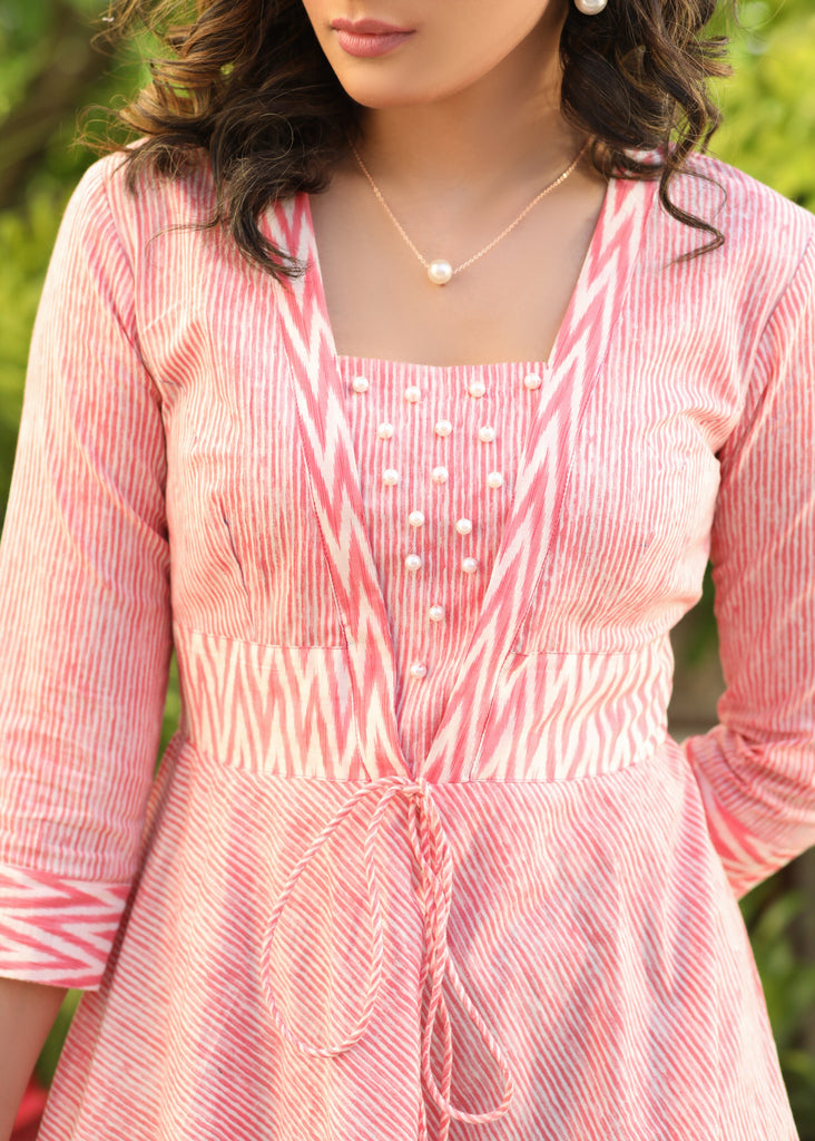 Exclusive Pink Striped A-Line Cotton Dress