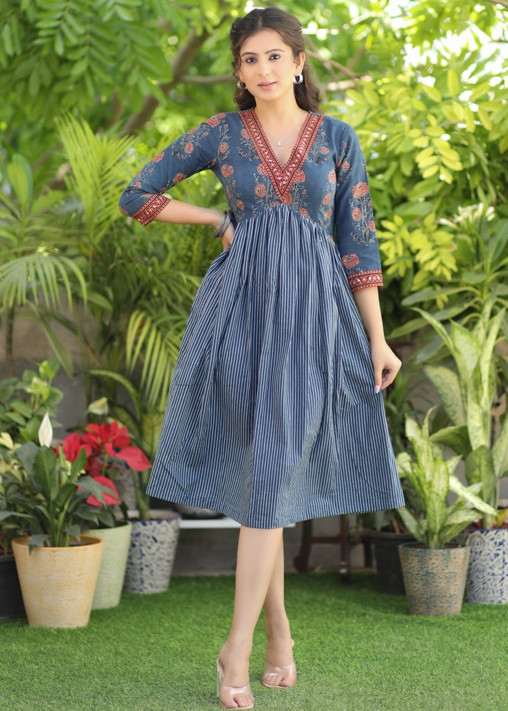 Classy Indigo and Ajrakh V-Neck Fit and Flare Dress – Sujatra