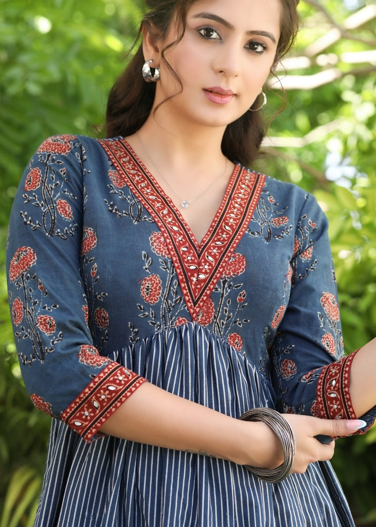Classy Indigo and Ajrakh V-Neck Fit and Flare Dress