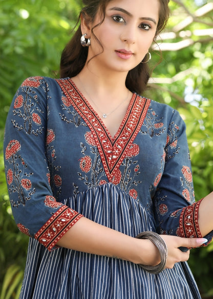 Classy Indigo and Ajrakh V-Neck Fit and Flare Dress