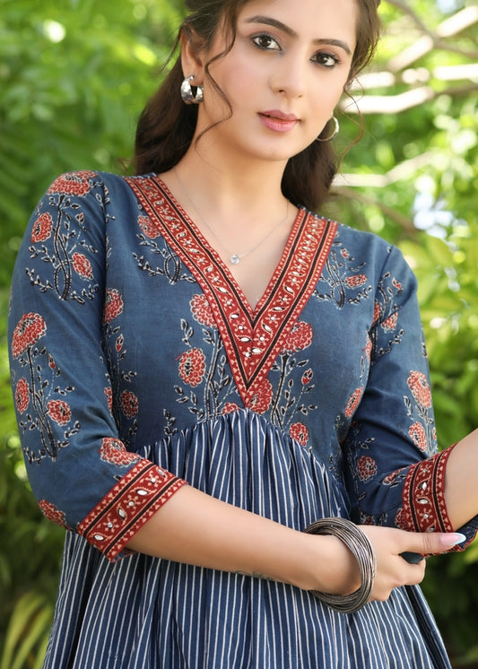 Classy Indigo and Ajrakh V-Neck Fit and Flare Dress