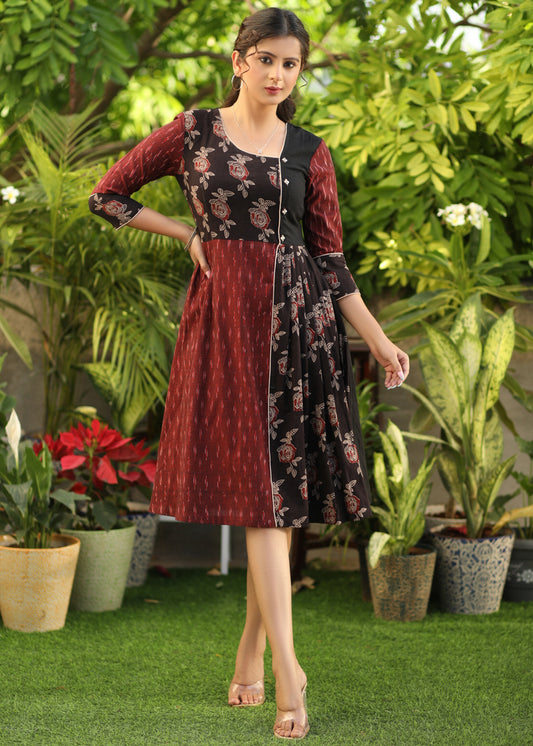 Classy Maroon Ikat and Black Ajrakh Combination Dress
