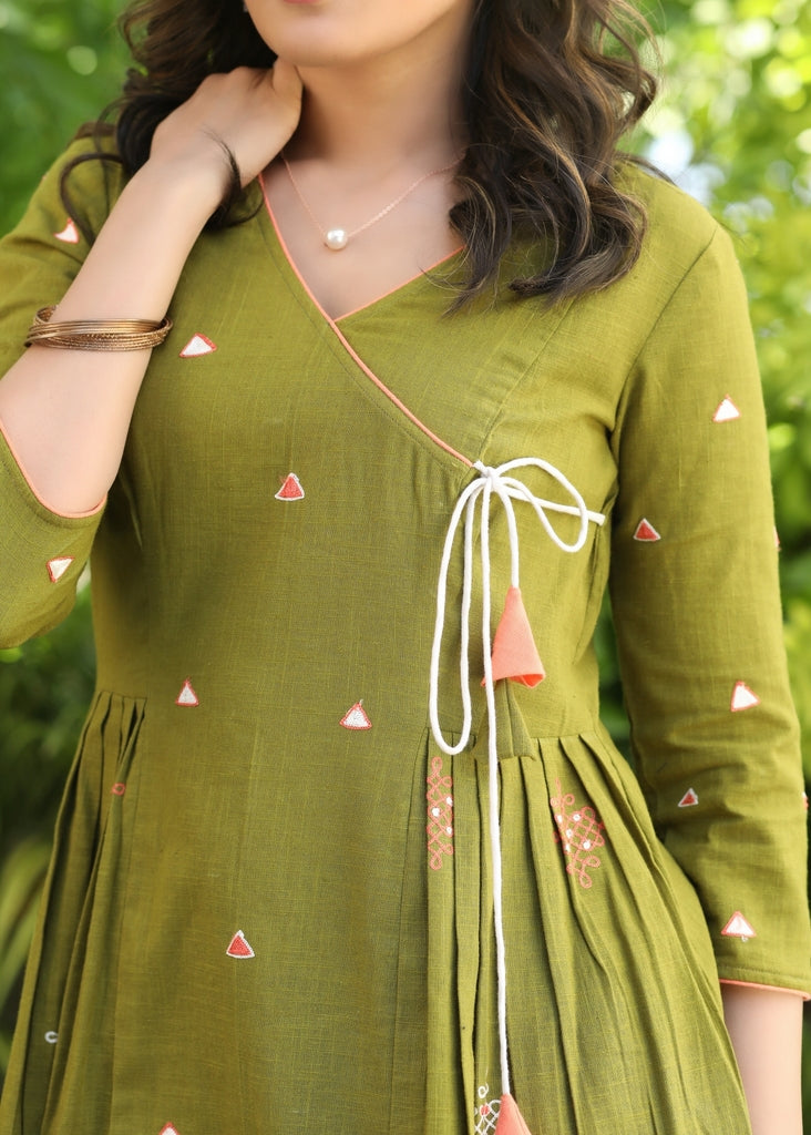 Exclusive Cotton Green Wrap-Around Dress with Ethnic Embroidered Motifs