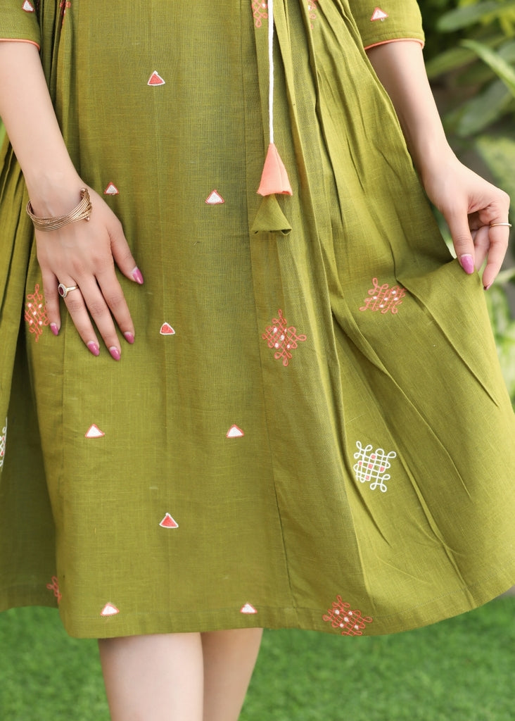 Exclusive Cotton Green Wrap-Around Dress with Ethnic Embroidered Motifs