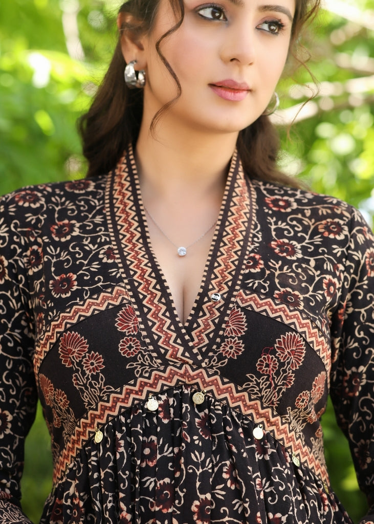 Exclusive V-Neck Fit and Flare Black Ajrakh Dress