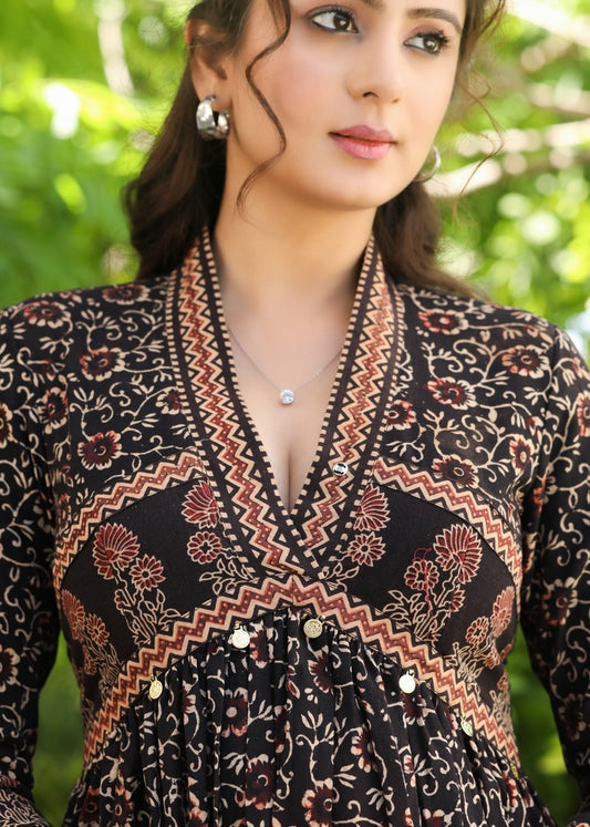 Exclusive V-Neck Fit and Flare Black Ajrakh Dress