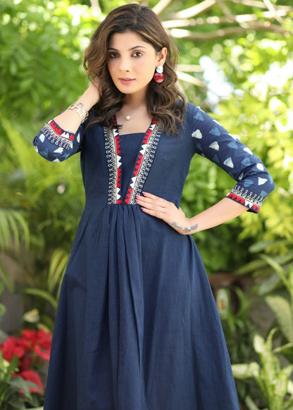 Exclusive Cotton Navy Blue Dress with Embroidered V-Neck and Indigo Sleeves