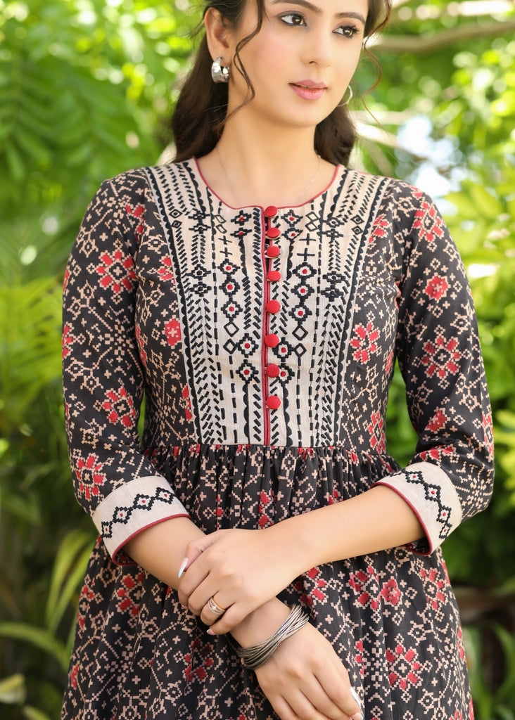Classy Cotton Black Ajrakh Dress with an Embroidered Yoke