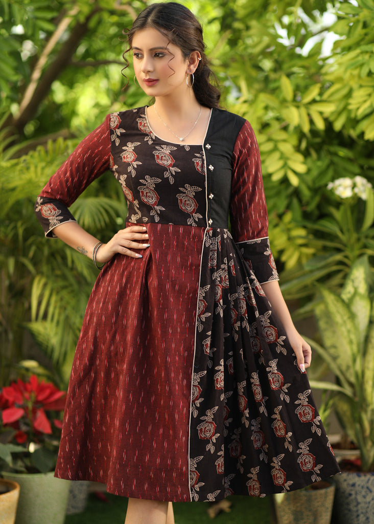 Classy Maroon Ikat and Black Ajrakh Combination Dress