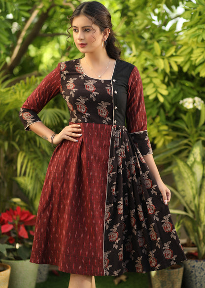 Classy Maroon Ikat and Black Ajrakh Combination Dress