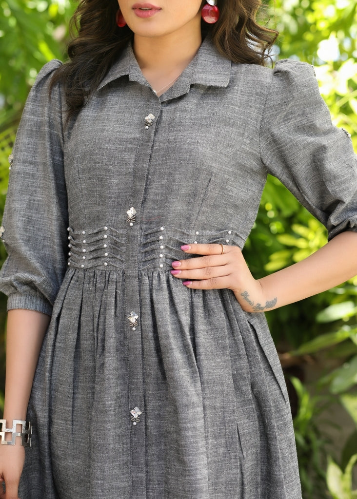 Elegant Pure Cotton Gray Gathered Dress with Stone Embellishments