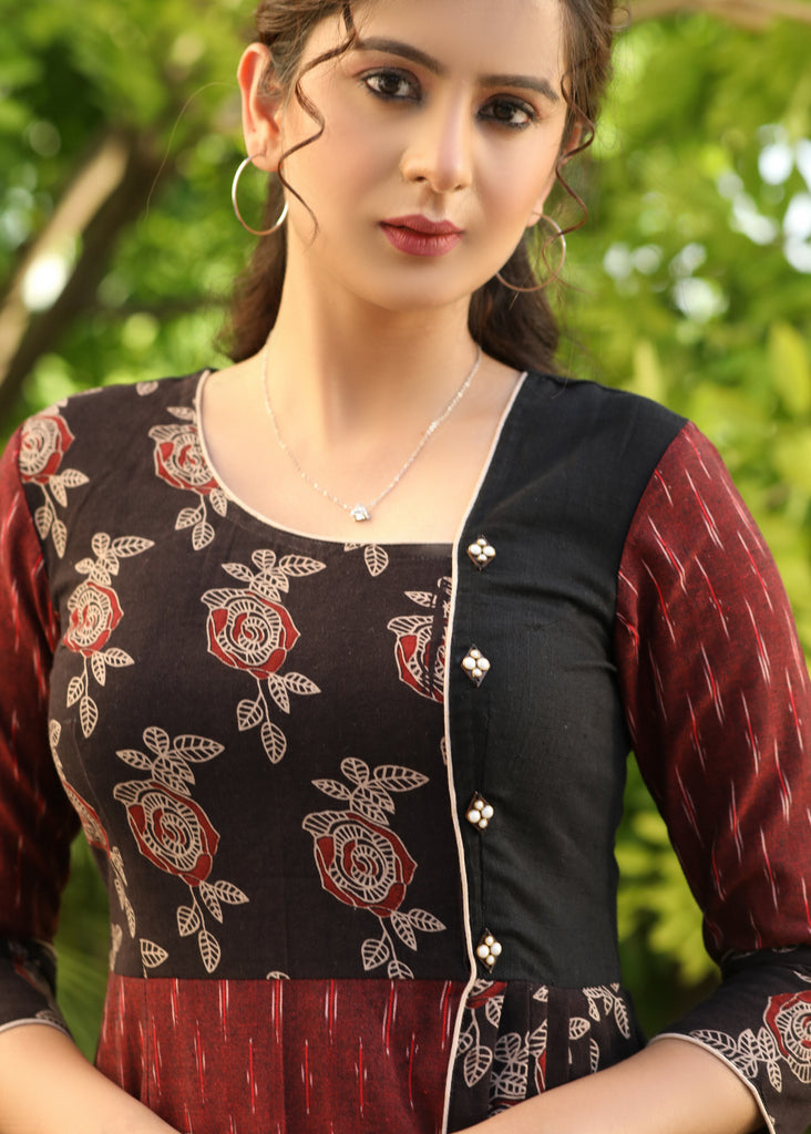 Classy Maroon Ikat and Black Ajrakh Combination Dress
