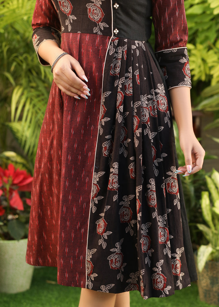 Classy Maroon Ikat and Black Ajrakh Combination Dress