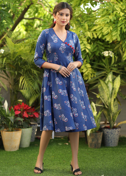 Classy Blue Printed Cotton Flared Dress