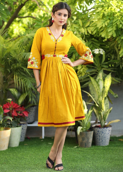 Beautiful Mustard Cotton Gathered Dress with Embroidered Neckline and Sleeves