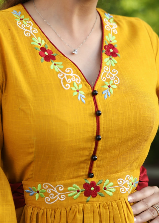 Beautiful Mustard Cotton Gathered Dress with Embroidered Neckline and Sleeves
