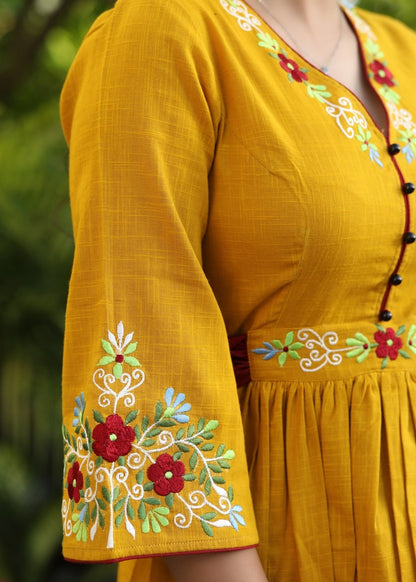 Beautiful Mustard Cotton Gathered Dress with Embroidered Neckline and Sleeves