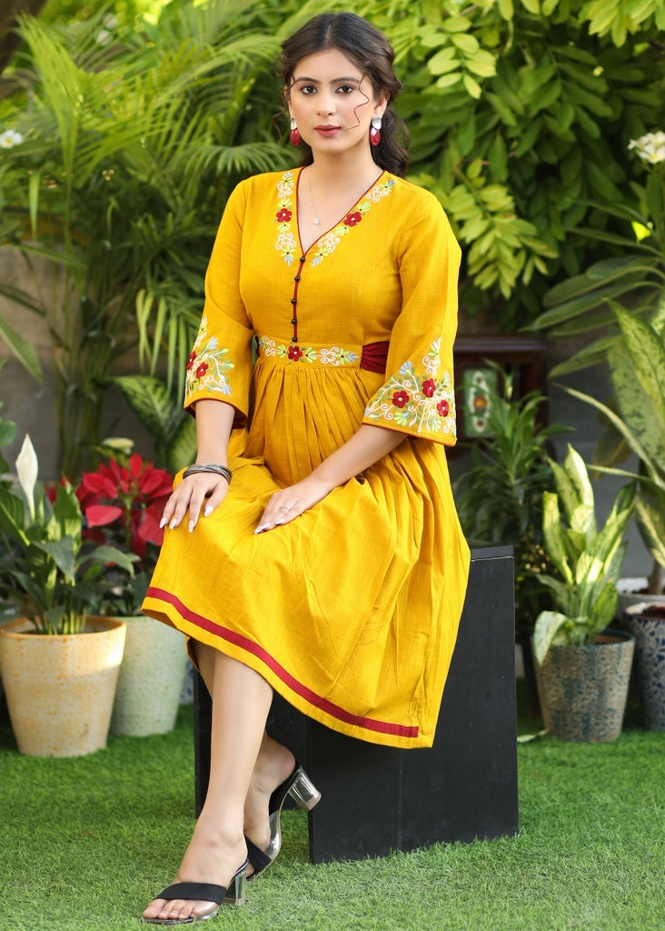 Beautiful Mustard Cotton Gathered Dress with Embroidered Neckline and Sleeves