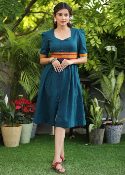 Exclusive Blue Cotton Dress with Khun Border