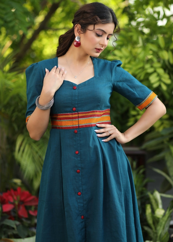 Exclusive Blue Cotton Dress with Khun Border