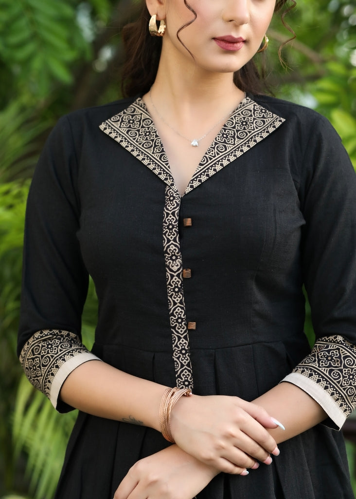 Beautiful Black Cotton Ajrakh Dress with Ajrakh Neckline and Sleeves