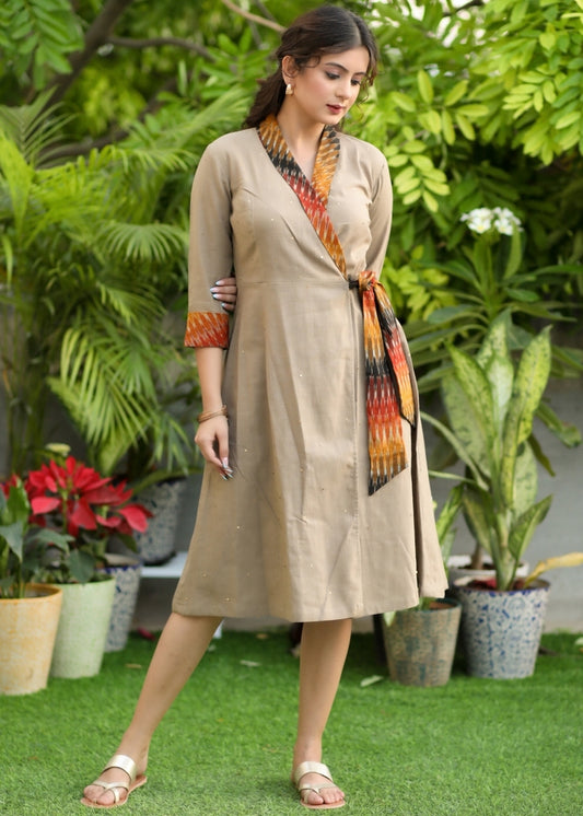 Beautiful Overlap Beige Dress with Ikat Border and Sequence Work