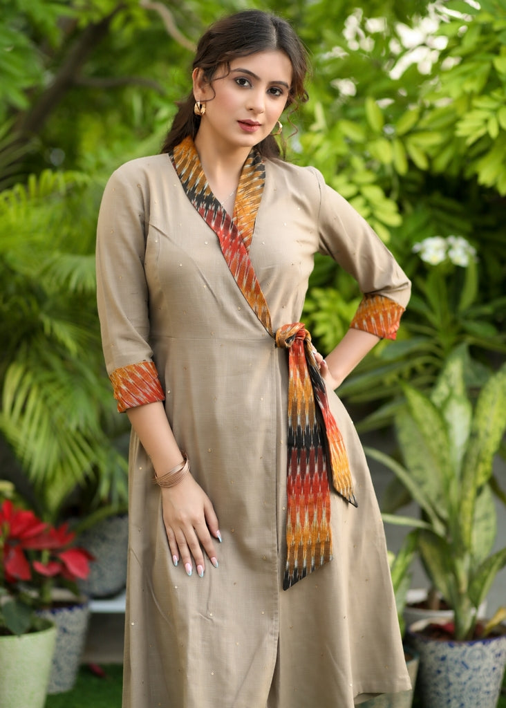 Beautiful Overlap Beige Dress with Ikat Border and Sequence Work