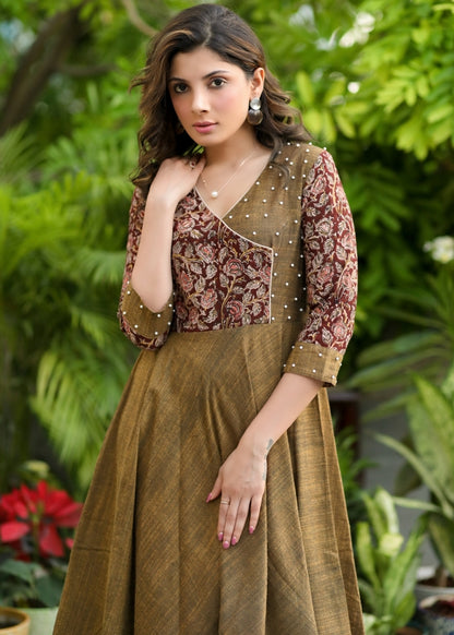 Exclusive Yellow Cotton and Kalamkari Combination Dress with Hand Embroidered Pearls