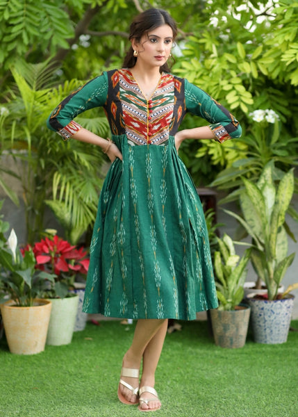 Exclusive Green and Multi-Color Ikat Combination Gathered Dress