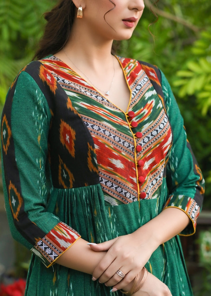 Exclusive Green and Multi-Color Ikat Combination Gathered Dress