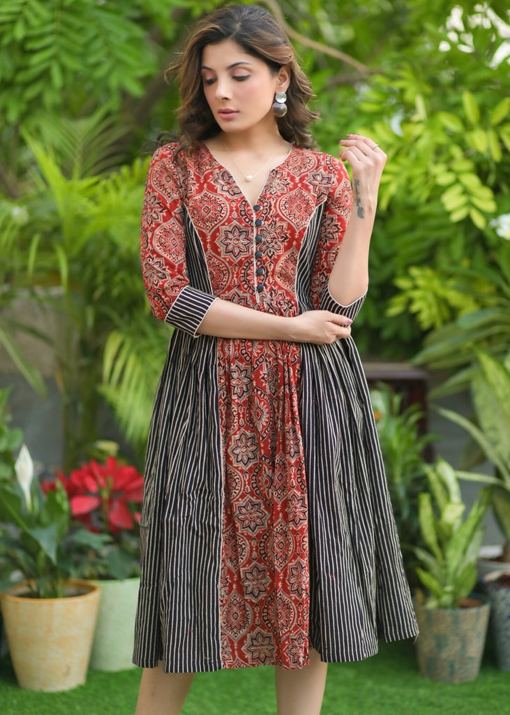 Classy Maroon and Black Striped Ajrakh Combination Fit and Flare Dress