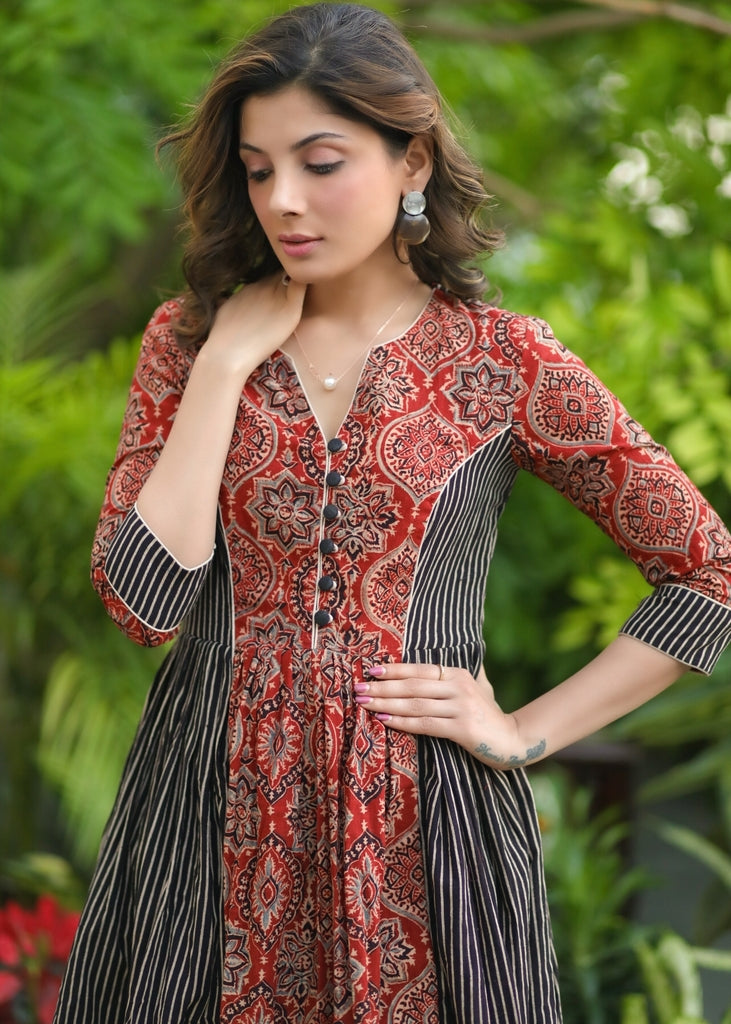 Classy Maroon and Black Striped Ajrakh Combination Fit and Flare Dress