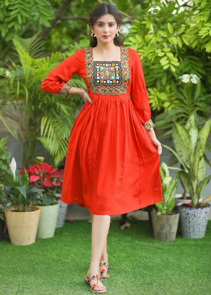 Stylish Bright Orange Rayon Gathered Dress with Mirror Patchwork on Yoke