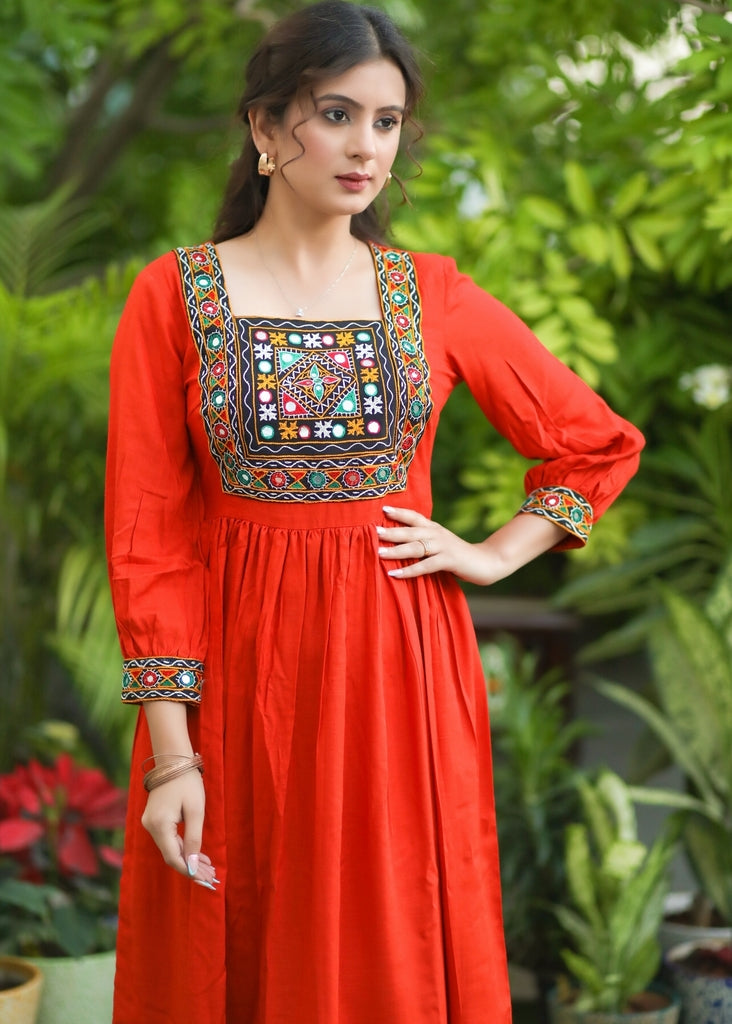 Stylish Bright Orange Rayon Gathered Dress with Mirror Patchwork on Yoke