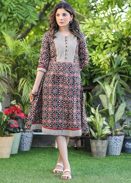 Classy Black Printed A-Line Dress with Striped Ajrakh Yoke