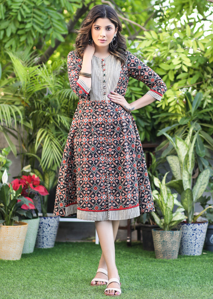 Classy Black Printed A-Line Dress with Striped Ajrakh Yoke