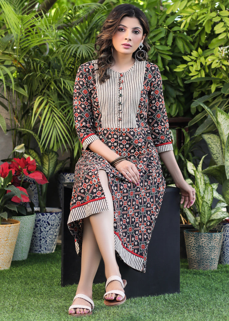 Classy Black Printed A-Line Dress with Striped Ajrakh Yoke