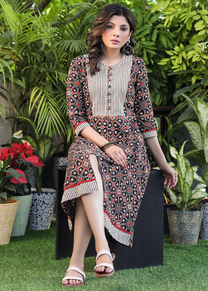 Classy Black Printed A-Line Dress with Striped Ajrakh Yoke