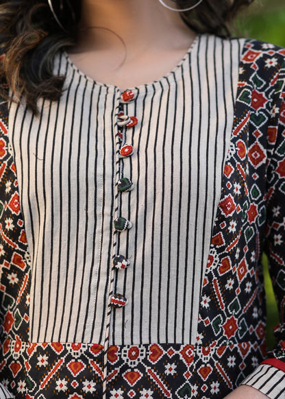 Classy Black Printed A-Line Dress with Striped Ajrakh Yoke