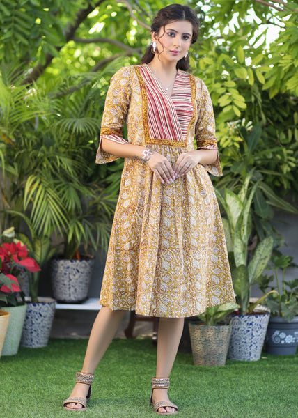 Beautiful Yellow Cotton Ethnic A-Line Dress